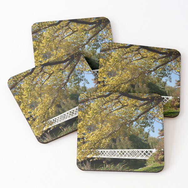 Item preview, A white bridge surrounded by trees in golden autumn colors designed and sold by Postertale.