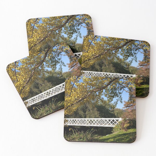 Item preview, A white bridge surrounded by trees in golden autumn colors designed and sold by Postertale.