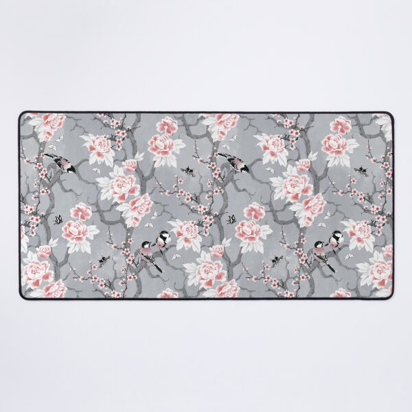 Chinoiserie birds in grey Desk Mat