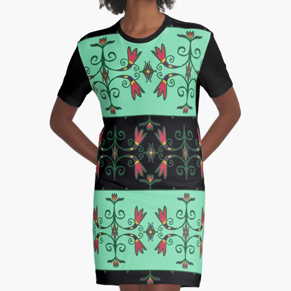 Green Anishinaabe Floral Graphic T-Shirt Dress