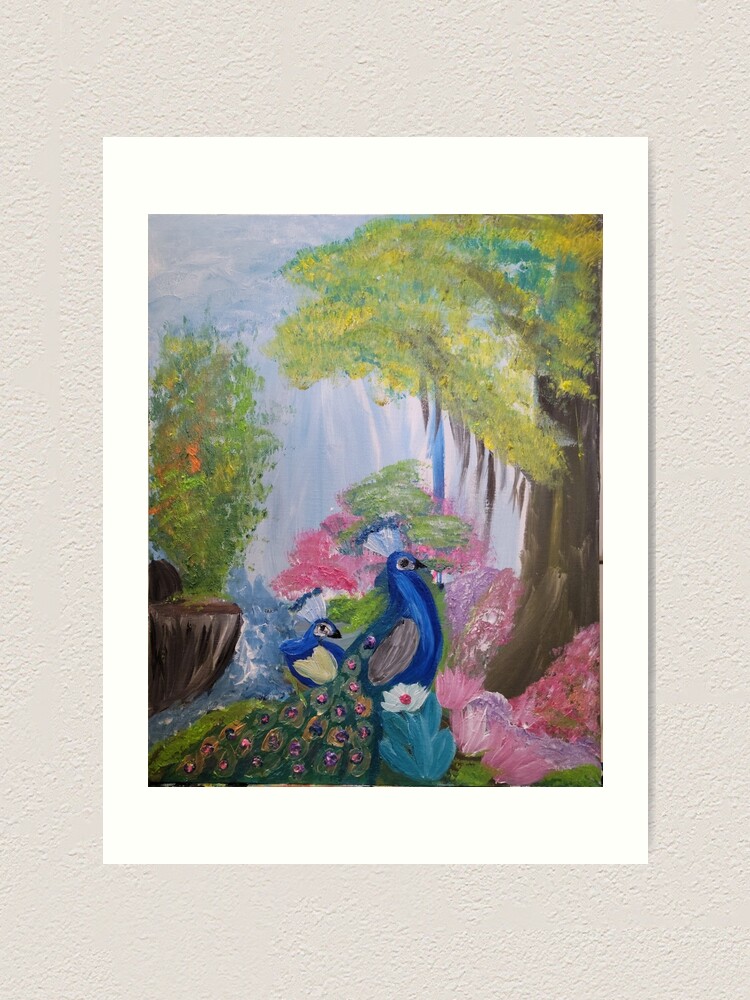 Alternate view of two peacocks in a forest on a log branch Art Print