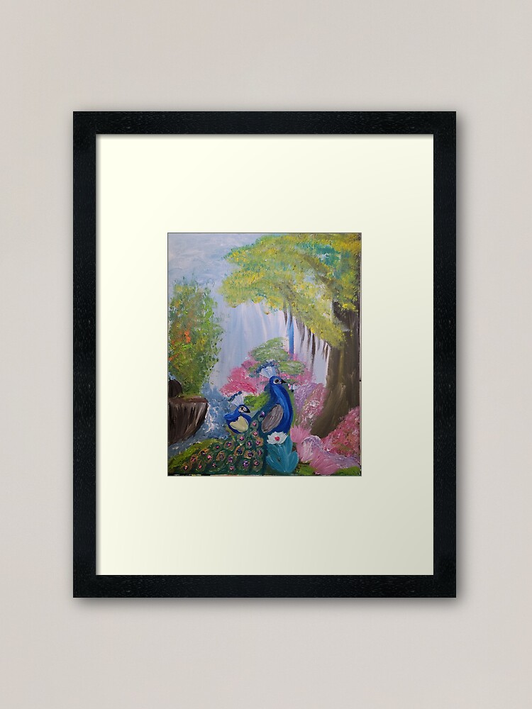 Alternate view of two peacocks in a forest on a log branch Framed Art Print