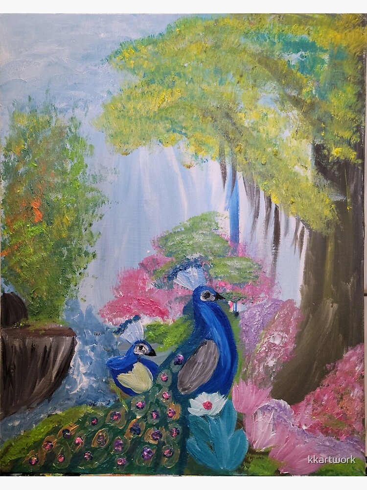 two peacocks in a forest on a log branch by kkartwork