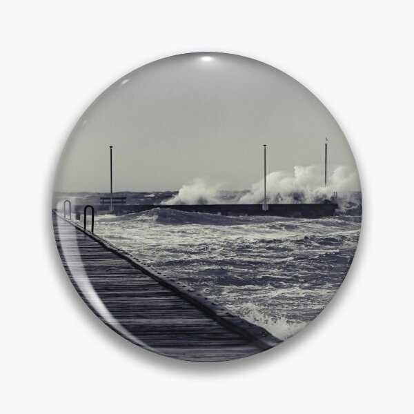 Item preview, Moody Frankston Pier as Windy Storm Batters with Crashing Waves in Black and White designed and sold by James-Cole.