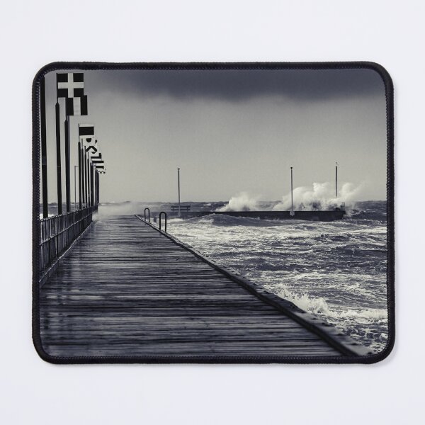 Item preview, Moody Frankston Pier as Windy Storm Batters with Crashing Waves in Black and White designed and sold by James-Cole.