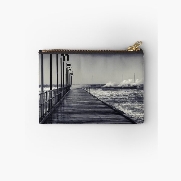 Item preview, Moody Frankston Pier as Windy Storm Batters with Crashing Waves in Black and White designed and sold by James-Cole.