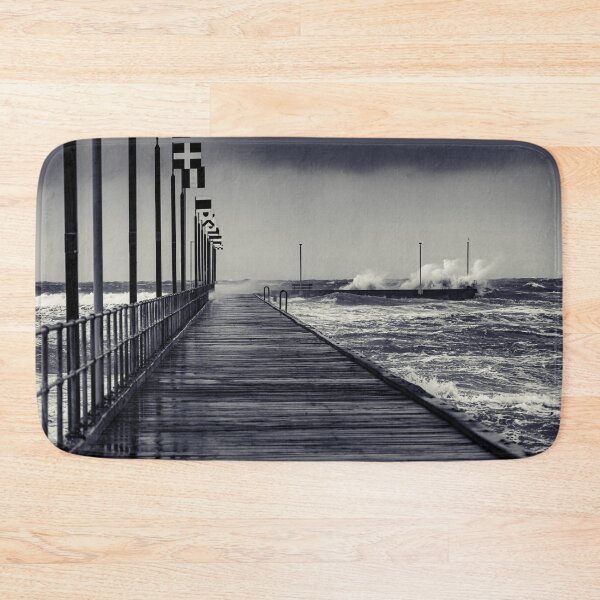 Item preview, Moody Frankston Pier as Windy Storm Batters with Crashing Waves in Black and White designed and sold by James-Cole.
