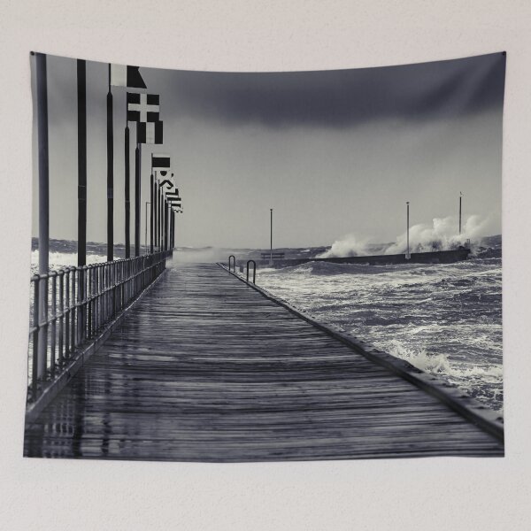 Item preview, Moody Frankston Pier as Windy Storm Batters with Crashing Waves in Black and White designed and sold by James-Cole.