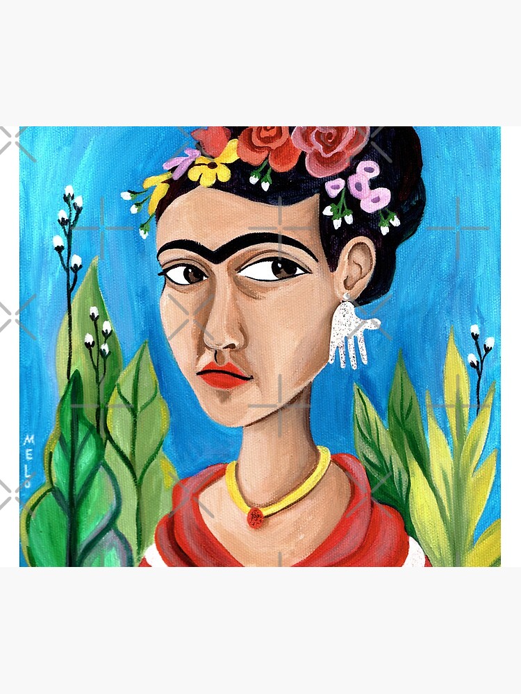 Frida Kahlo in Red Dress and Blue Background, hand earrings by meloearth
