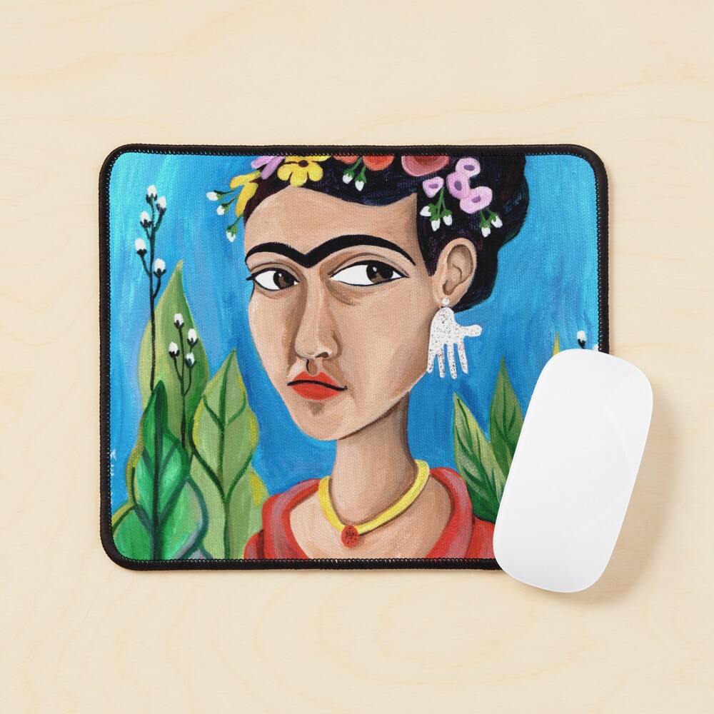 Frida Kahlo in Red Dress and Blue Background, hand earrings Mouse Pad