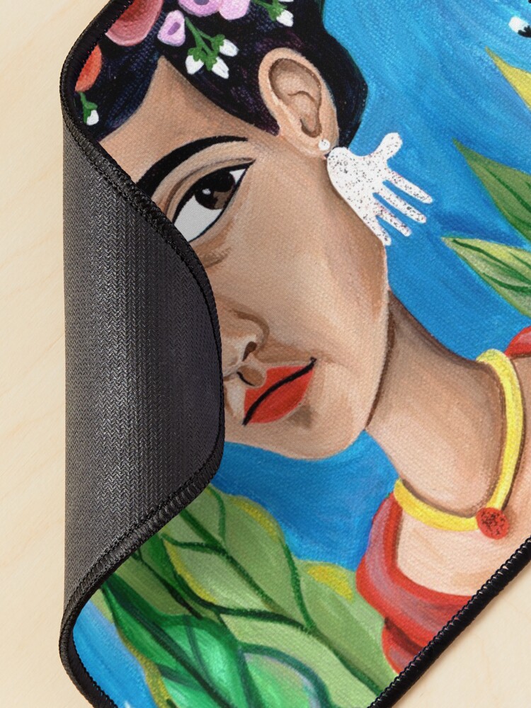 Alternate view of Frida Kahlo in Red Dress and Blue Background, hand earrings Mouse Pad