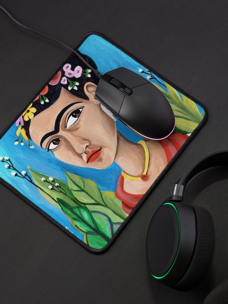 Alternate view of Frida Kahlo in Red Dress and Blue Background, hand earrings Mouse Pad