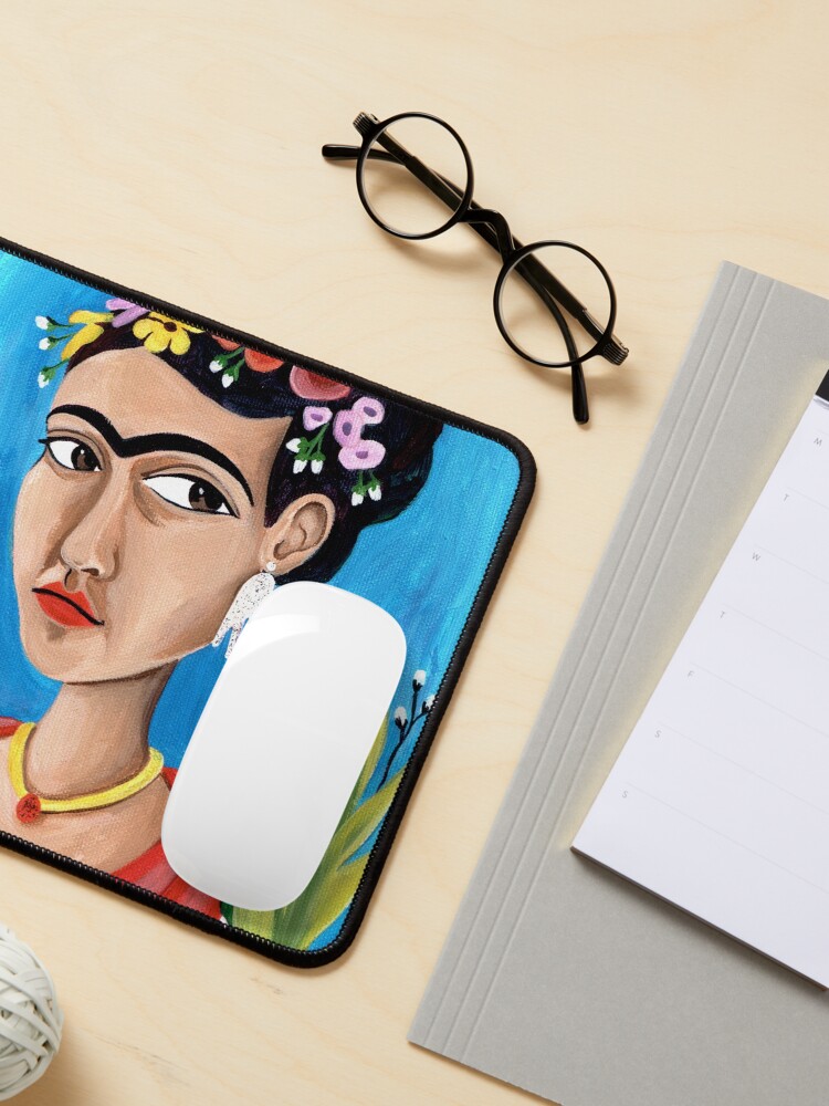 Alternate view of Frida Kahlo in Red Dress and Blue Background, hand earrings Mouse Pad