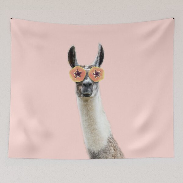 Item preview, Relaxing llama with fruits mask in pink designed and sold by ESCAPZ.