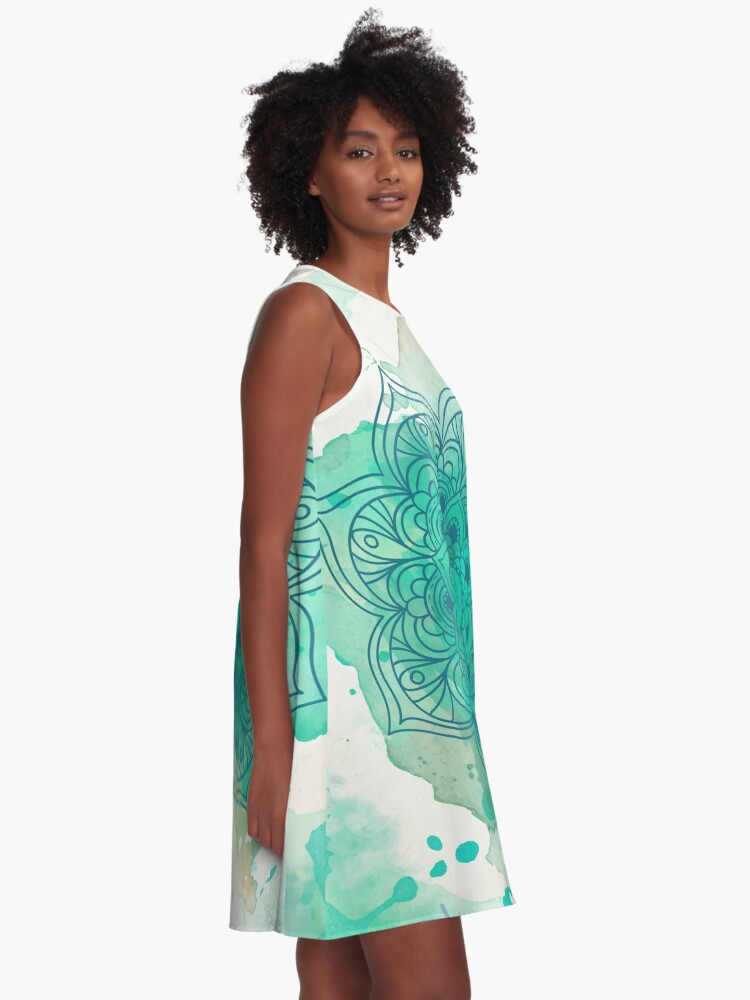Vista alternativa de Vestido acampanado Green Mandala watercolor