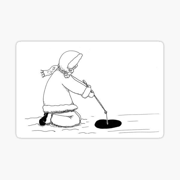 Child Ice Fishing Fine Art Ink Line Drawing Sticker for Sale by H3designs