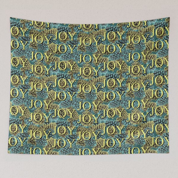 Aperçu de l'œuvre Joy Joy Joy Sentiments Gold on Blue and Gold Pinecones Repeat 5748 créée et vendue par Art in My Loft.