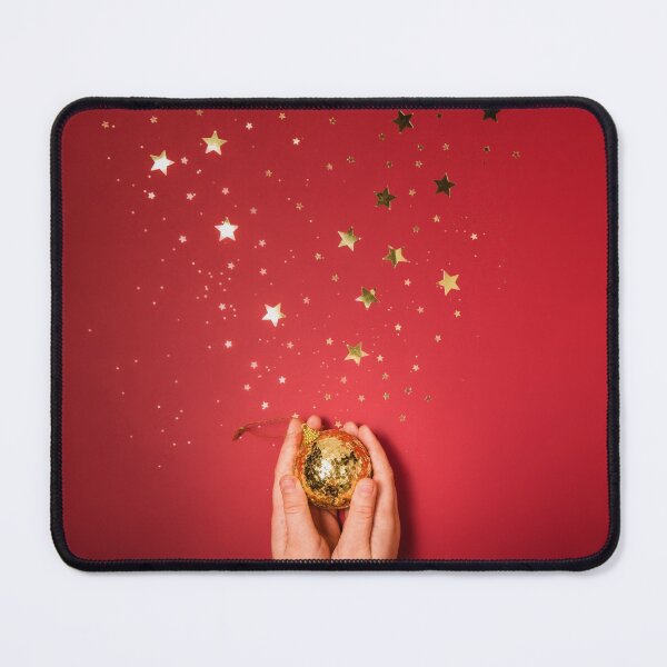 Item preview, Female hands holding the golden ball on red background with gold stars sparkles designed and sold by Evgeniia Biriukova.