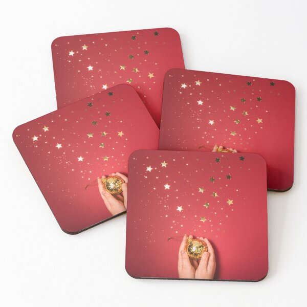 Item preview, Female hands holding the golden ball on red background with gold stars sparkles designed and sold by Evgeniia Biriukova.