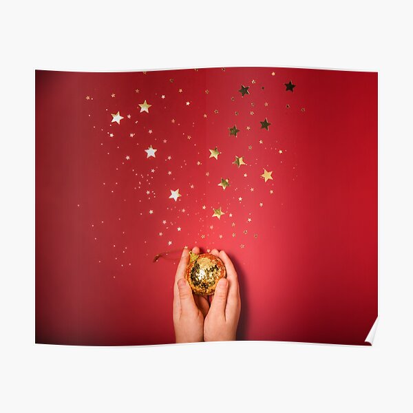 Female Hands Holding The Golden Ball On Red Background With Gold Stars