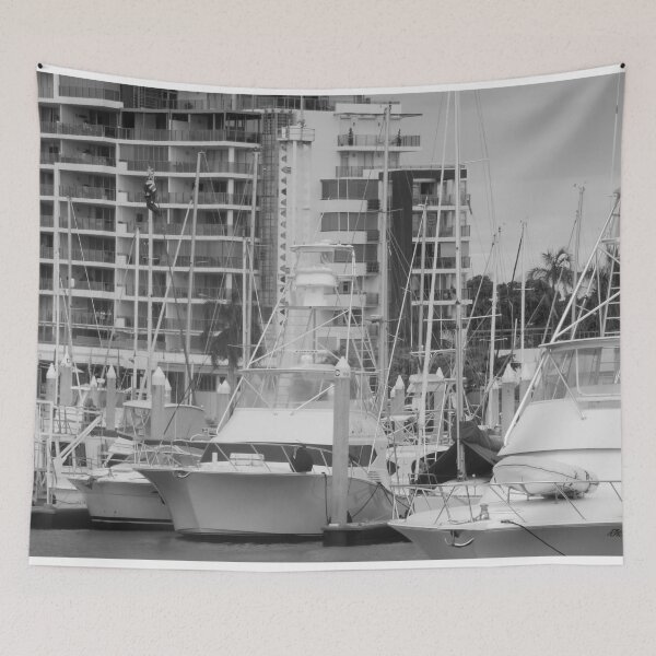 Item preview, Black and White Marina with Boats and Buildings designed and sold by Bennymp.