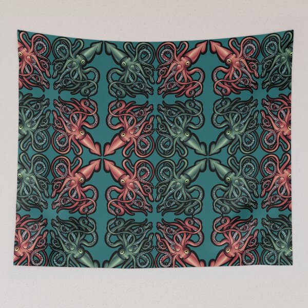 Item preview, Red and Green Giant Squid Architeuthis pattern on teal designed and sold by RJKpoyp.