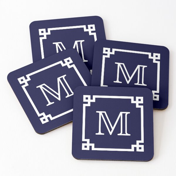 Item preview, Navy Blue White Monogram M In A White Greek Key Frame designed and sold by rewstudio.