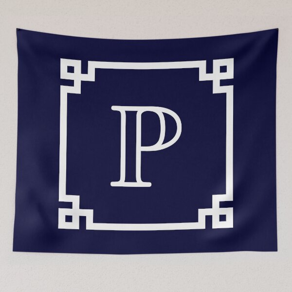 Item preview, Navy Blue White Monogram P In A White Greek Key Square designed and sold by rewstudio.