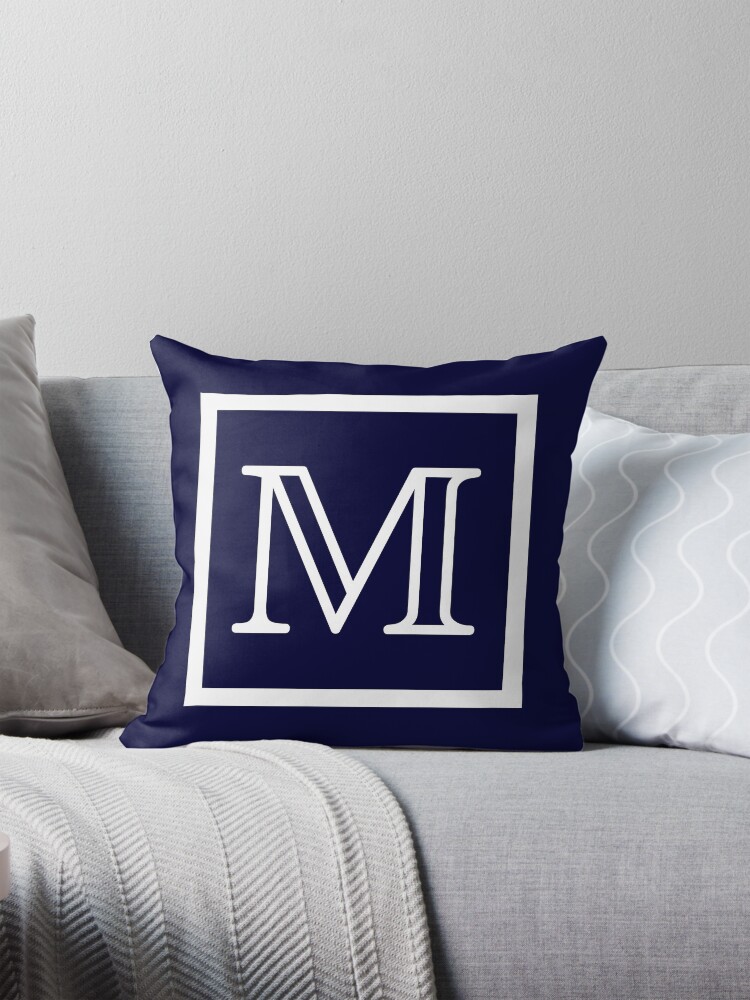 Navy Blue White Monogram M In a Square Pillow for Sale by rewstudio Redbubble