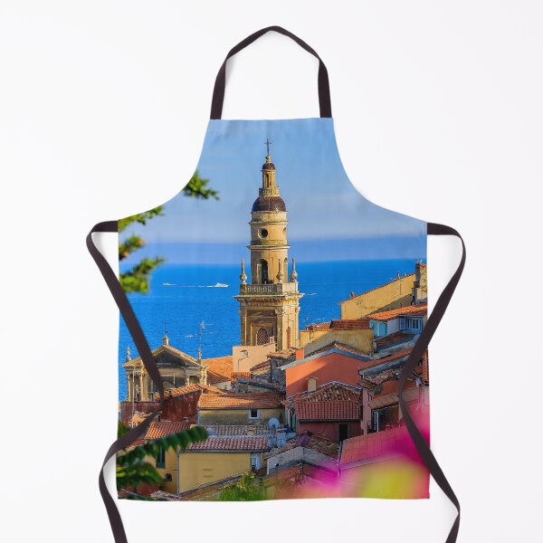 Item preview, Mediterranean Sea and a church bell tower in Menton, the French Riviera or Cote d'Azur, France, designed and sold by SvetlanaSF.
