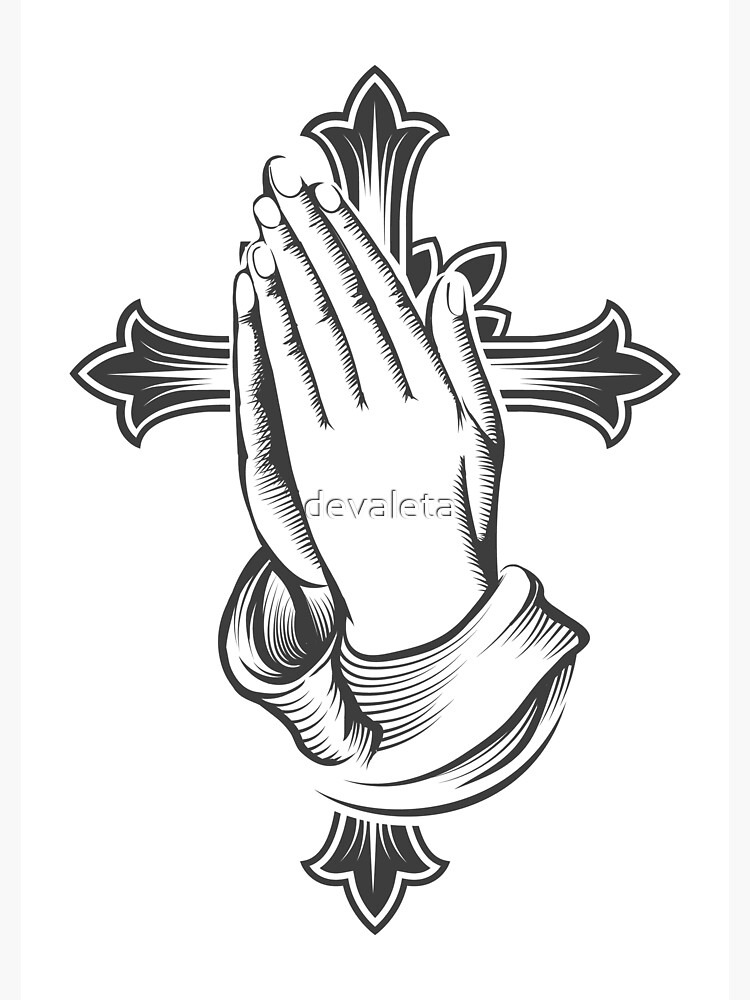 Praying hands and cross engraving tattoo Vector Image