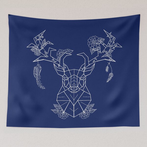 Item preview, Floral Geometric Stag white lines dark blue designed and sold by DemonicGloom.