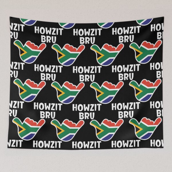 Artikelvorschau, Howzit Bru - südafrikanischer Gruß und Shaka-Zeichen mit südafrikanischer Flagge darin entworfen und verkauft von robimerch.