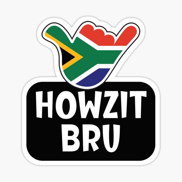 Vista previa del artículo con la obra «Howzit Bru: saludo sudafricano y señal shaka con la bandera sudafricana en el interior», diseñado y vendido por robimerch.
