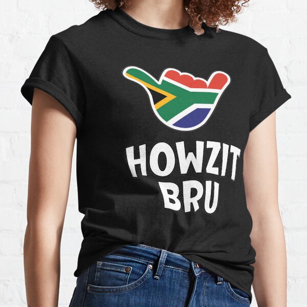 Artikel-Vorschau von Howzit Bru - südafrikanischer Gruß und Shaka-Zeichen mit südafrikanischer Flagge darin, designt und verkauft von robimerch.