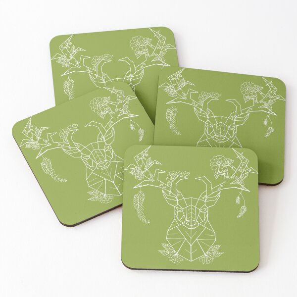 Item preview, Floral Geometric Stag white lines moss leaf green, designed and sold by DemonicGloom.