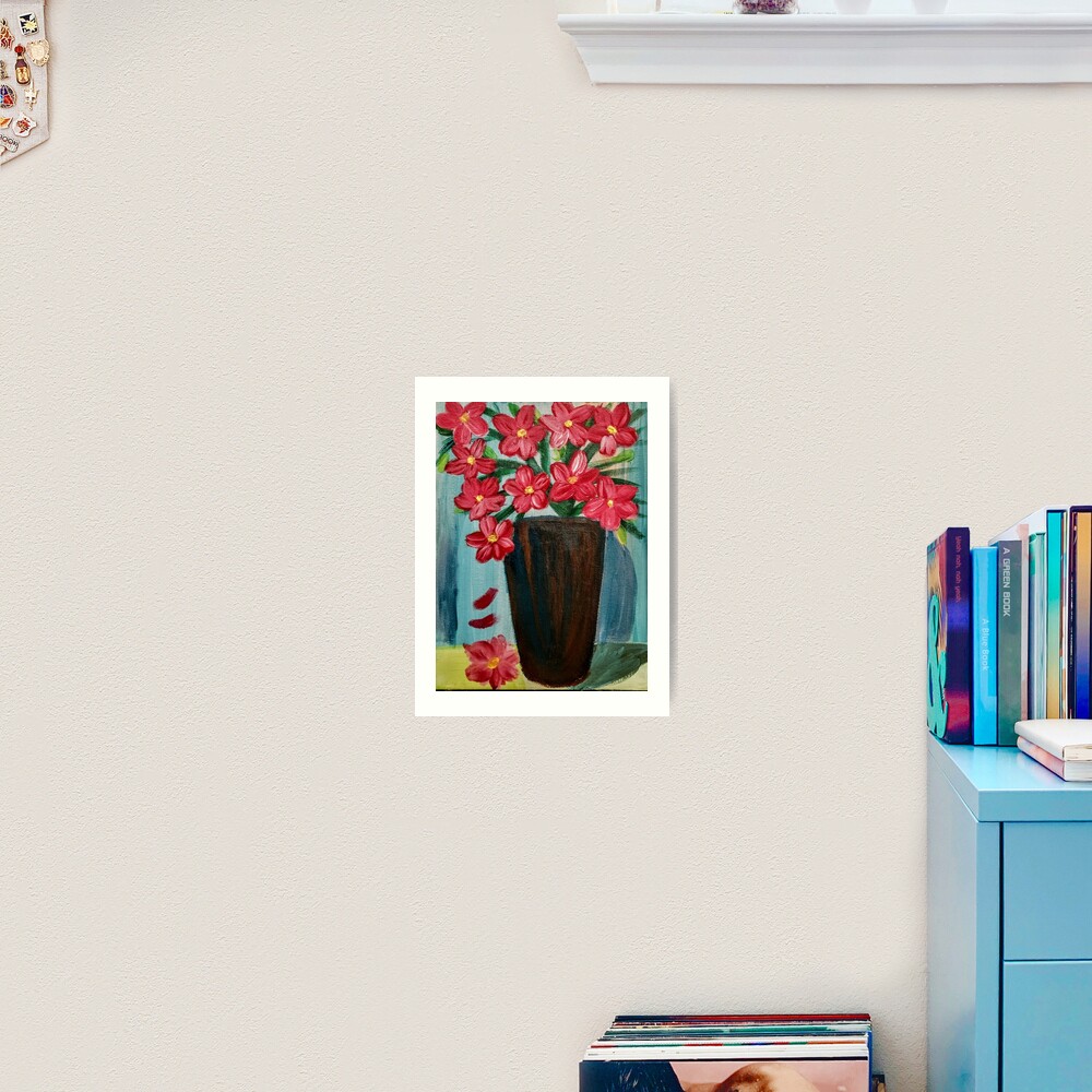 Some abstract red Lilly's flower In a copper and turquoise vase . Art Print