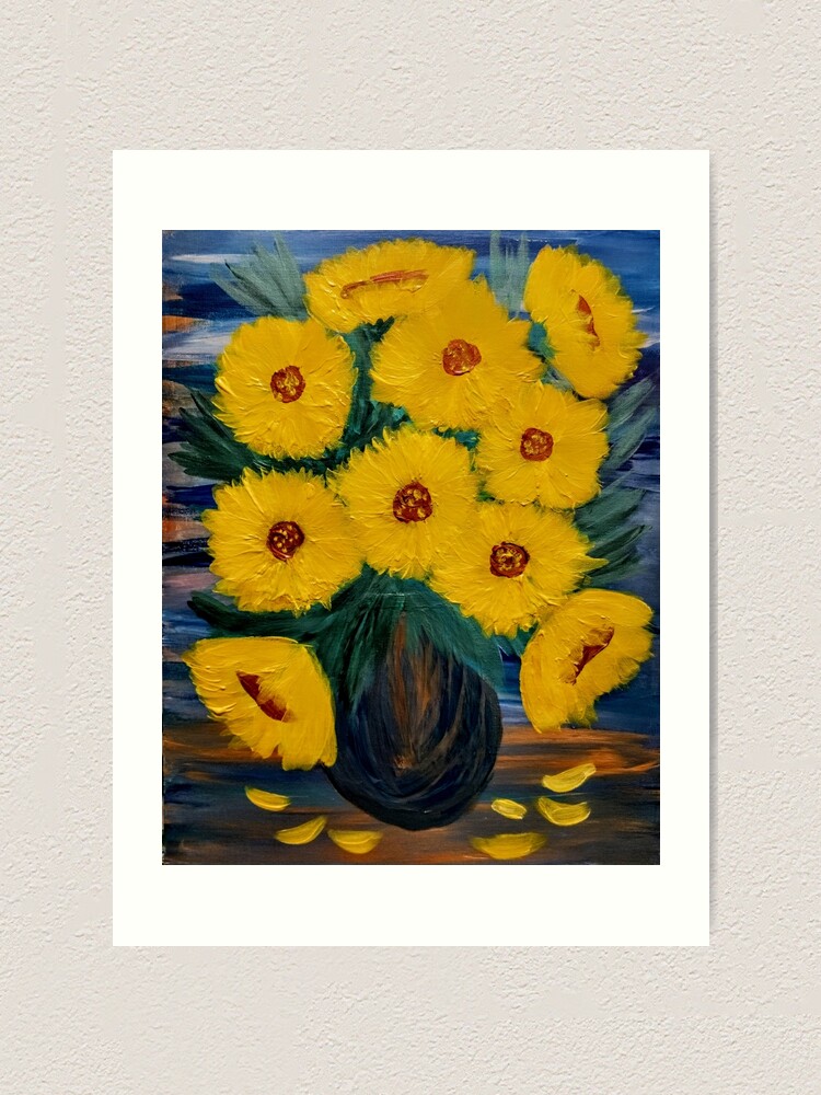 Alternate view of Sunflowers I'm a metallic blue gold and bronze and turquoise vase. Art Print