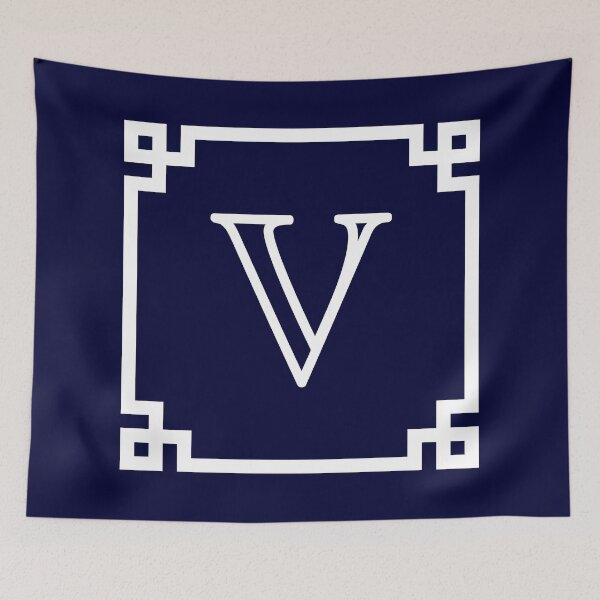 Item preview, Navy Blue White Monogram V In A White Greek Key Frame designed and sold by rewstudio.