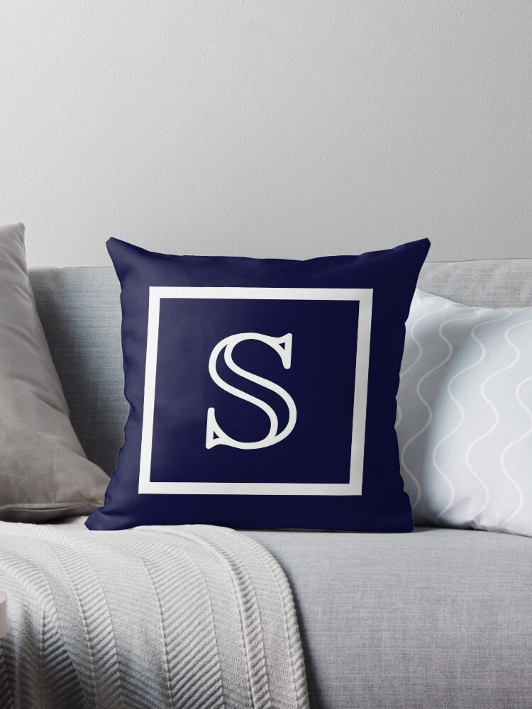 Navy Blue and White Preppy Square Monogram Throw Pillow