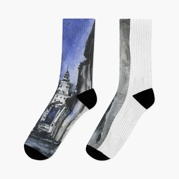 Item preview, Castle rising above medieval buildings in Cesky Krumlov- Czech Republic. Monochromatic watercolor painting designed and sold by rfoxphoto.