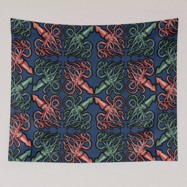 Item preview, Red and Green Giant Squid Architeuthis Half Brick Repeat on dark blue designed and sold by RJKpoyp.