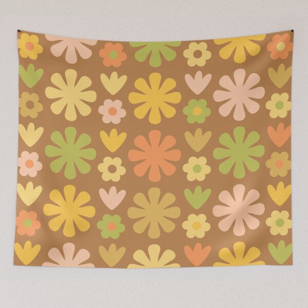 Artikelvorschau, Scandi Floral Grid Retro Blumenmuster Braun Rosa Grün Gelb entworfen und verkauft von kierkegaard.