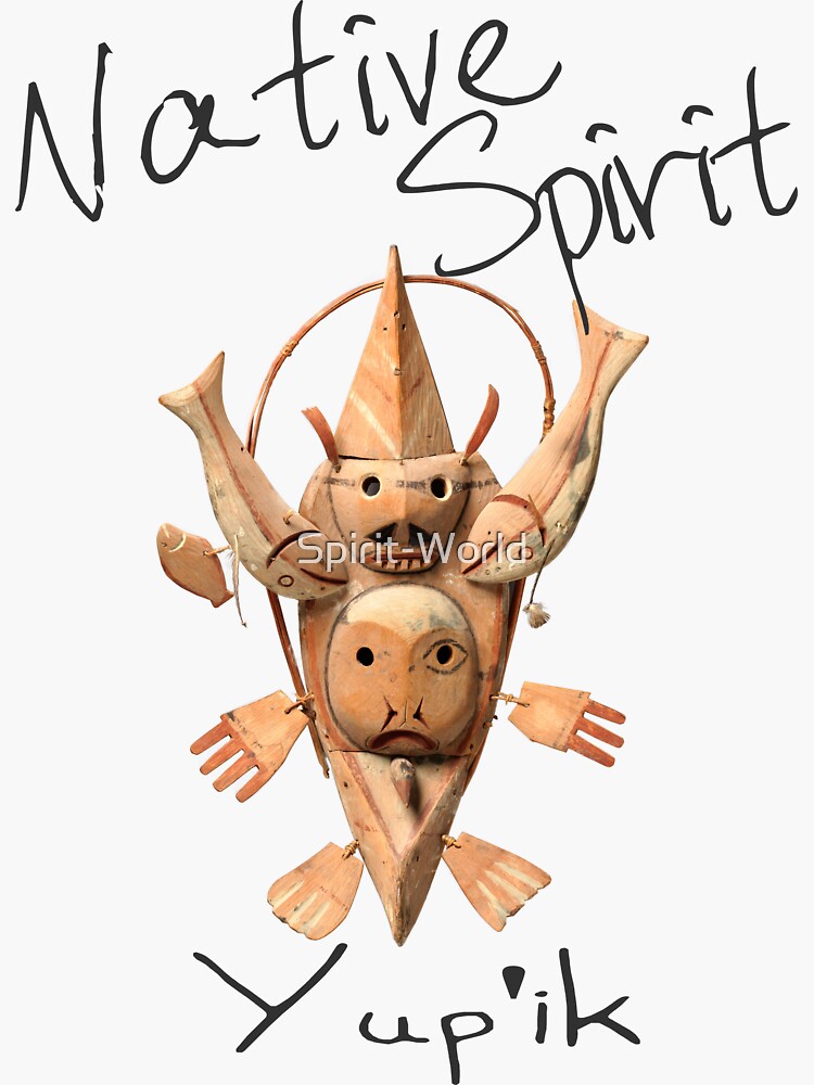 "Drawstring Bags Native American Yup'ik Water Spirits Mask Black Text