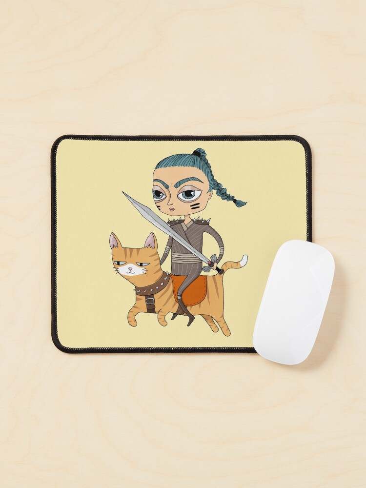 Imagen 1 de 5, Alfombrilla de ratón con la obra Fantasía guerrera niña montando gato naranja, diseñada y vendida por agrapedesign.
