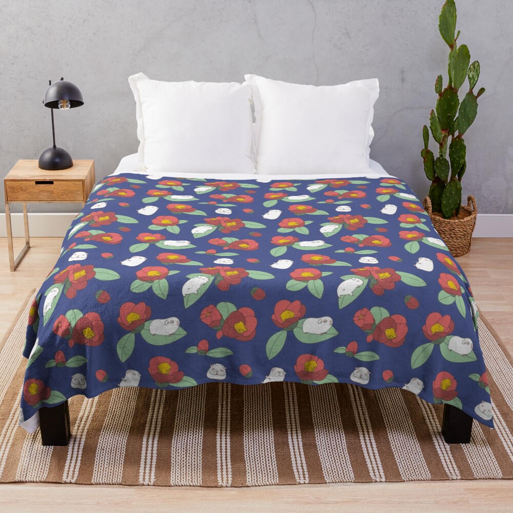 Japanese Camellia and Albino Guinea Pig Pattern Throw Blanket