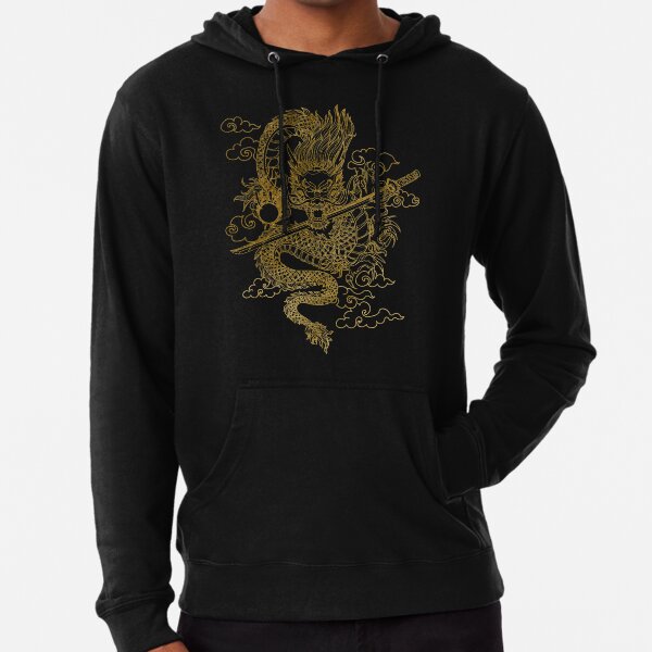 Gold Chinese Dragon with Black Background Lightweight Hoodie