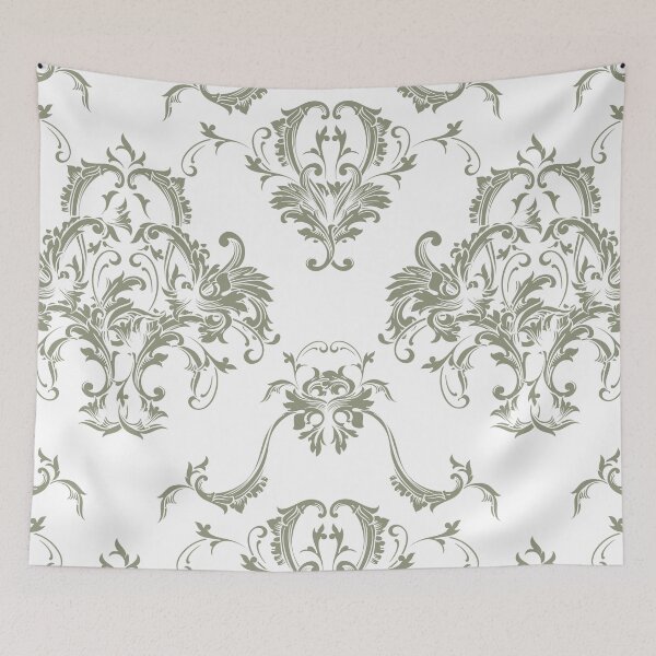 Aperçu de l'œuvre Olive Green and White Damask Scroll Pattern Pairs Valspars 2022 Color of the Year Blanched Thyme 6001-4A - Colour Trends créée et vendue par ColorOfTheYears.
