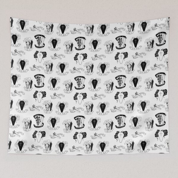 Item preview, All black and white coffins with banners repeating pattern designed and sold by Maysoulrose.