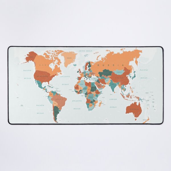 Aperçu de l'œuvre Carte du monde en orange brûlé et sarcelle créée et vendue par UrbanEpiphany.